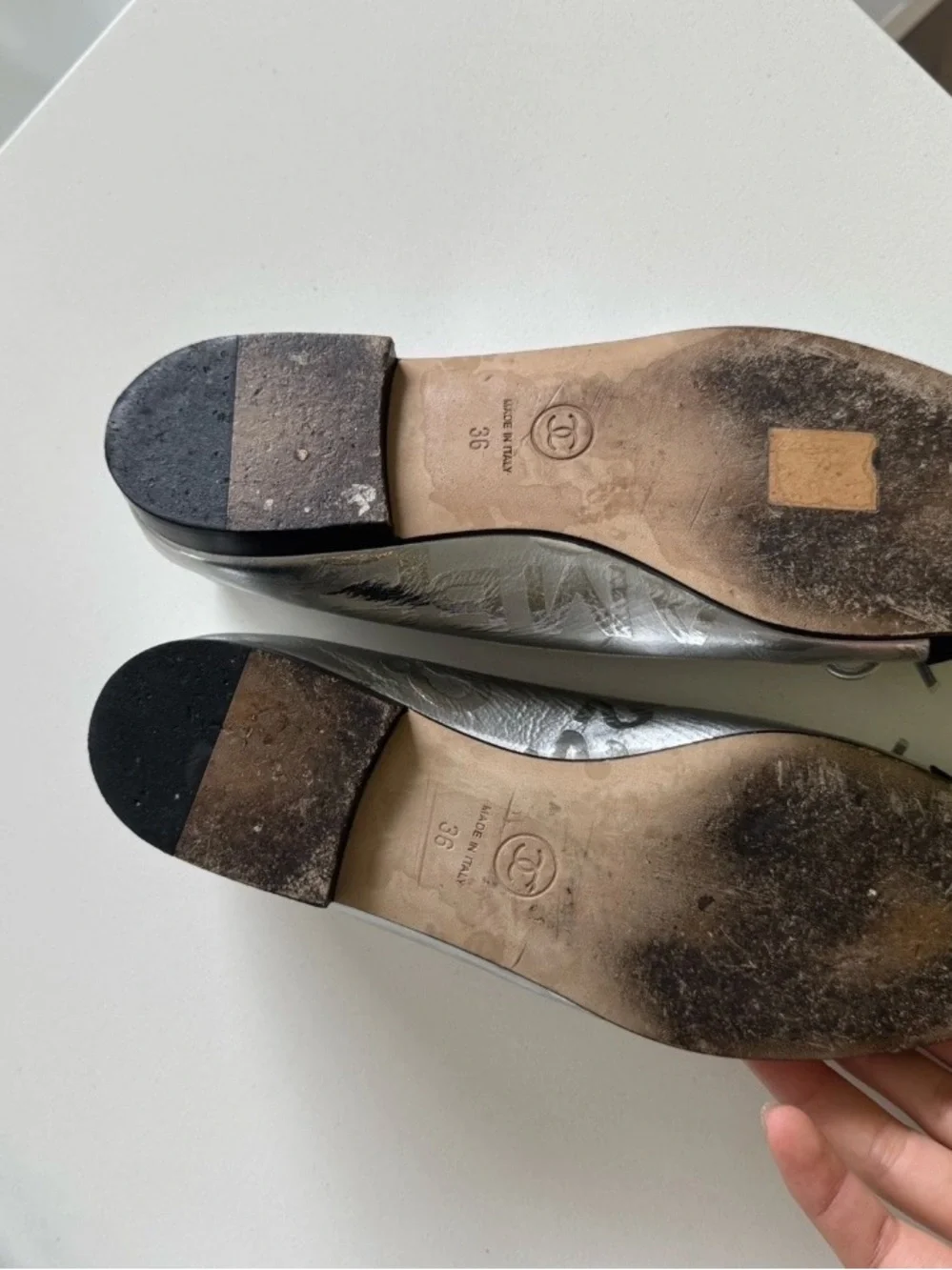 CHANEL Silver Leather Ballerina Flats with Black Cap Toe